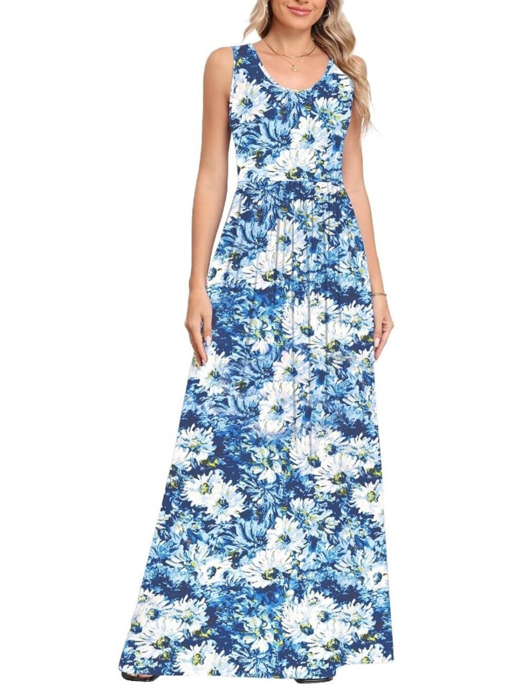 Women's Blue White Chrysanthemum Sleeveless Stylish Beach Vacation Maxi Dress - Picture 3 of 5